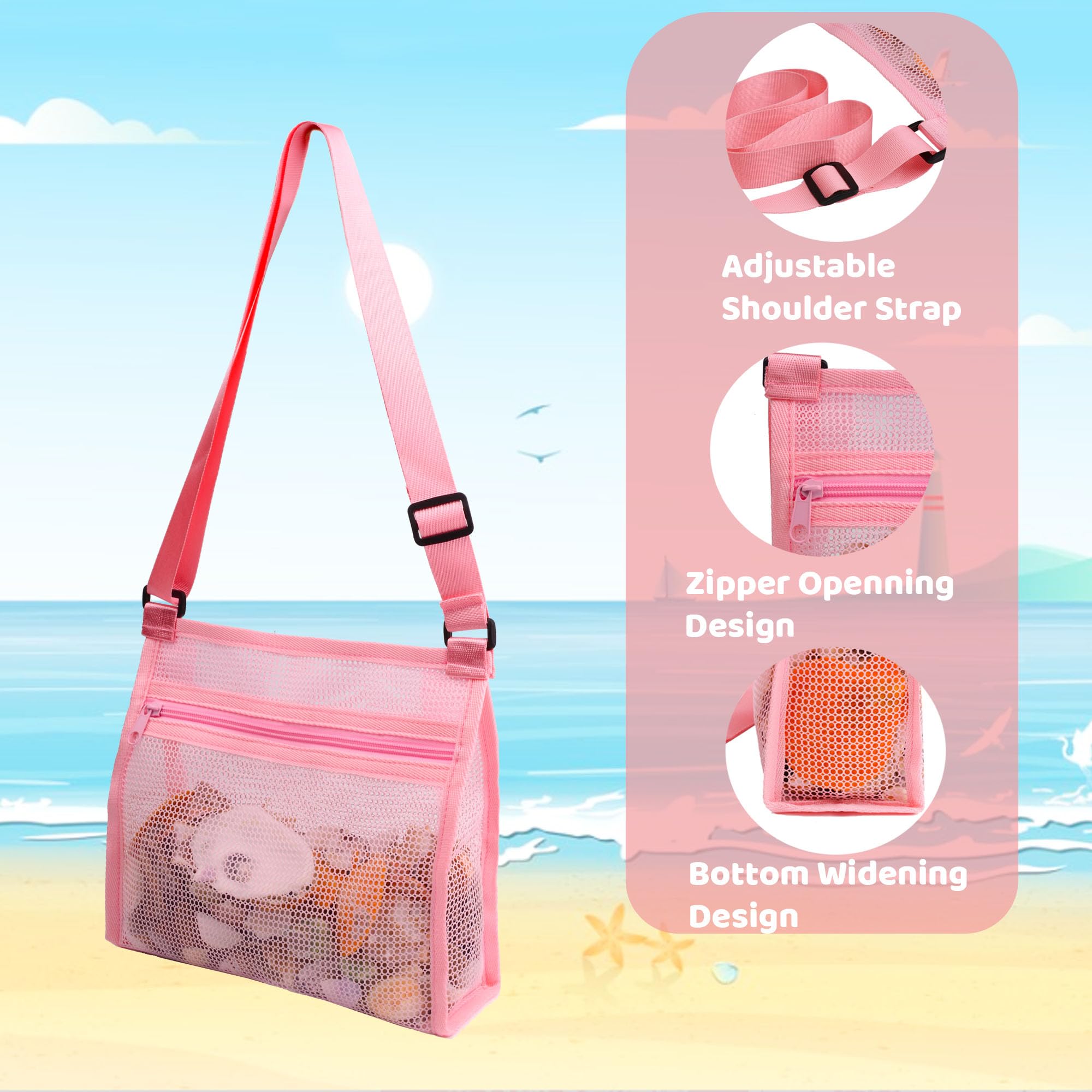 MUYIZI 3-Pack Mesh Beach Shell Bag – Quick-Dry, Adjustable Strap, Zippered Bag for Shell Collecting, Sand Toys, and Beach Essentials