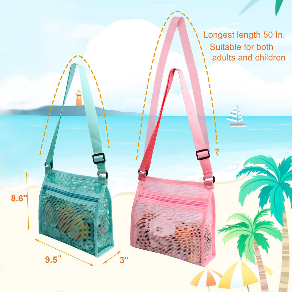 MUYIZI 3-Pack Mesh Beach Shell Bag – Quick-Dry, Adjustable Strap, Zippered Bag for Shell Collecting, Sand Toys, and Beach Essentials
