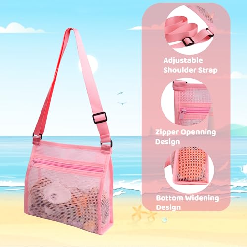 MUYIZI 3-Pack Mesh Beach Shell Bag – Quick-Dry, Adjustable Strap, Zippered Bag for Shell Collecting, Sand Toys, and Beach Essentials