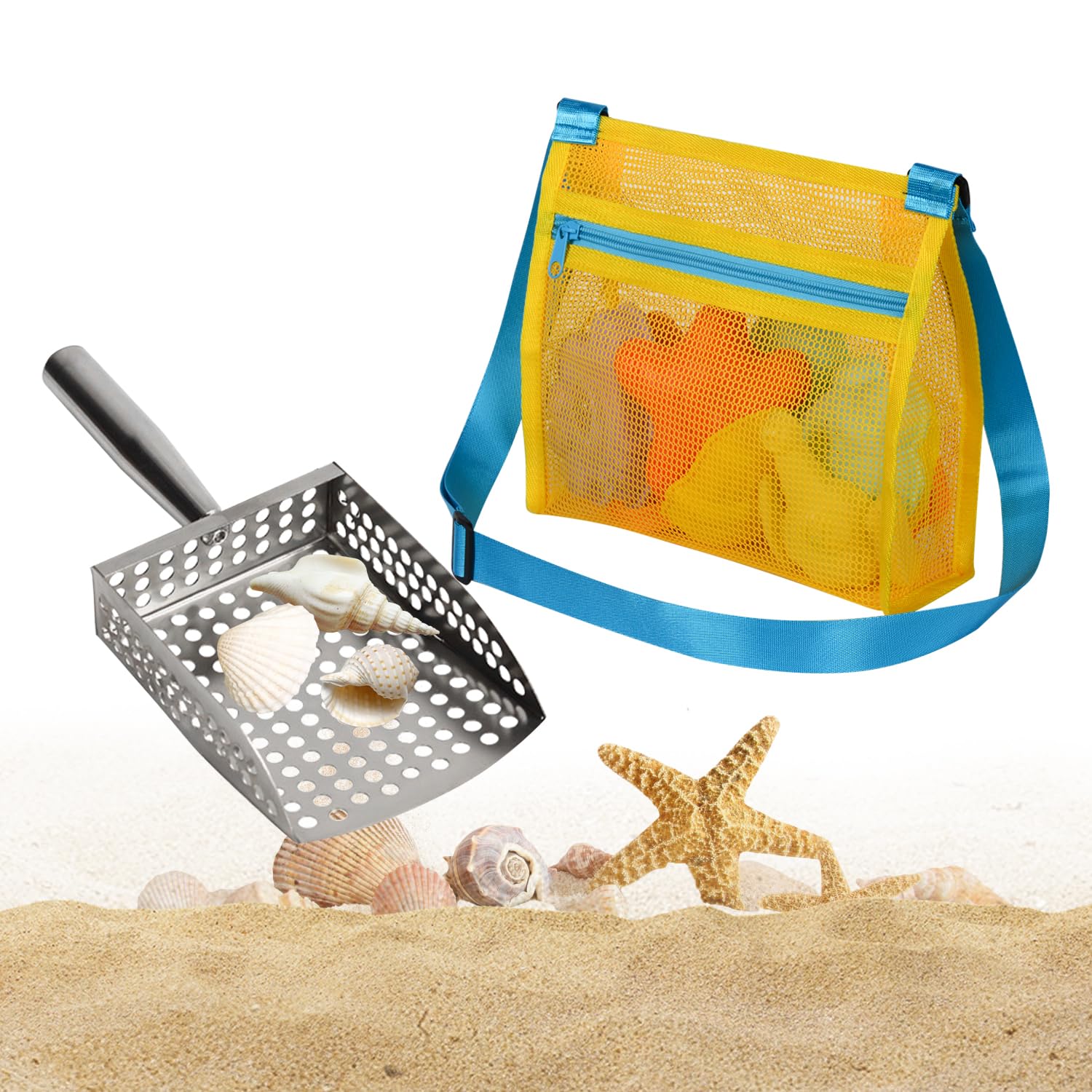 MUYIZI Sand Sifter Shovel with Mesh Beach Bag – Blue/Yellow Detachable Shell Scooper for Beachcombing
