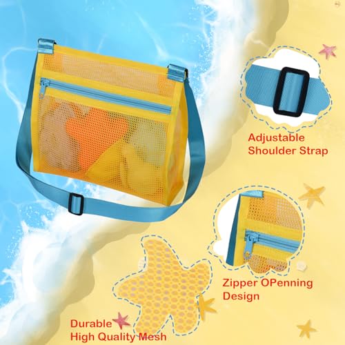 MUYIZI Sand Sifter Shovel with Mesh Beach Bag – Blue/Yellow Detachable Shell Scooper for Beachcombing