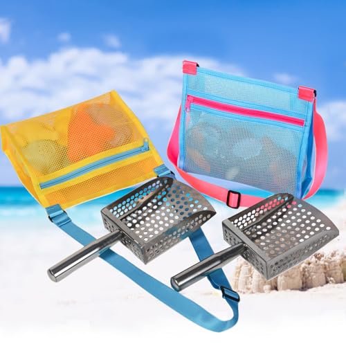 MUYIZI Sand Sifter Shovel with Mesh Beach Bag – Blue/Yellow Detachable Shell Scooper for Beachcombing