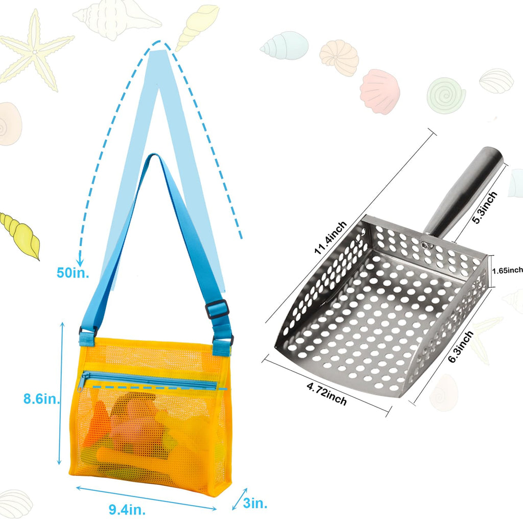 MUYIZI Sand Sifter Shovel with Mesh Beach Bag – Blue/Yellow Detachable Shell Scooper for Beachcombing