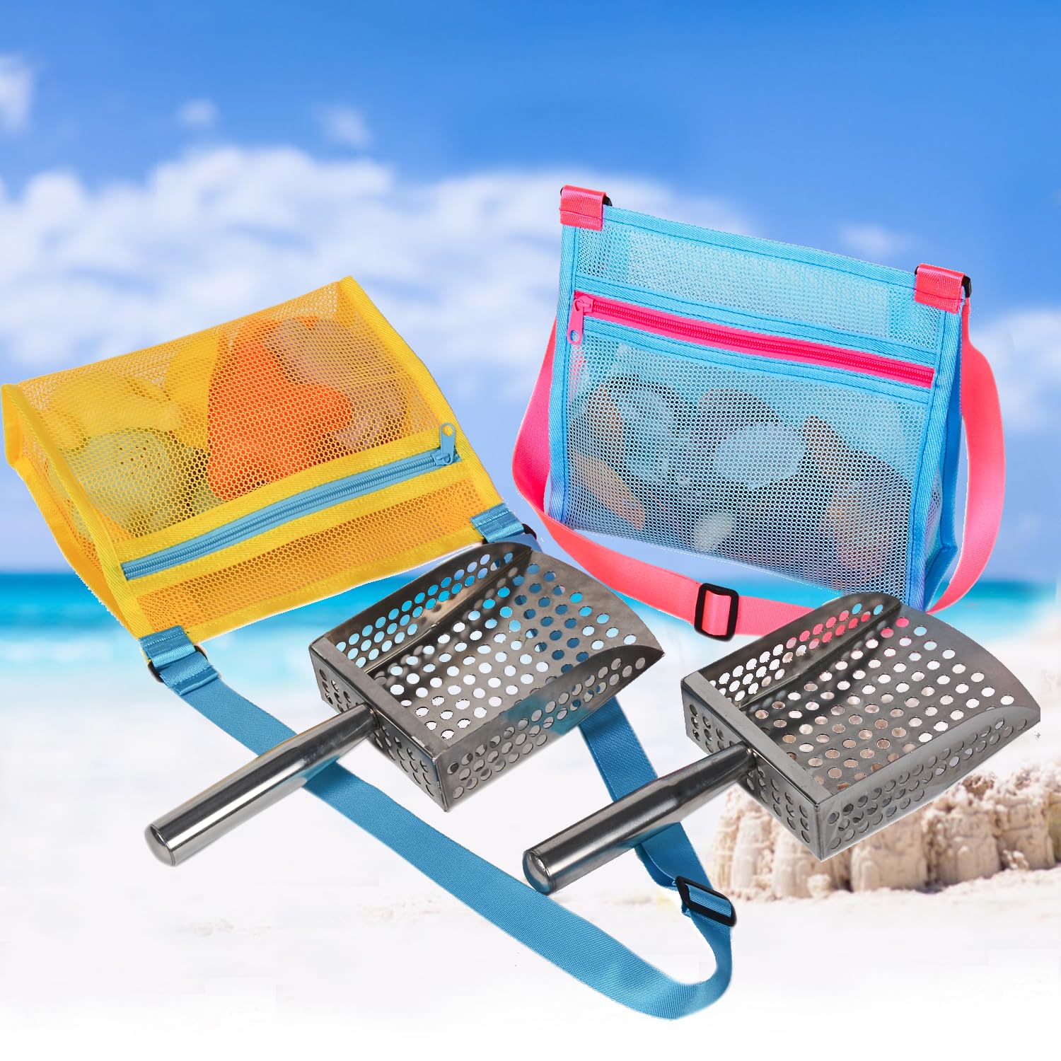 MUYIZI Sand Sifter Shovel with Mesh Beach Bag – Blue/Yellow Detachable Shell Scooper for Beachcombing