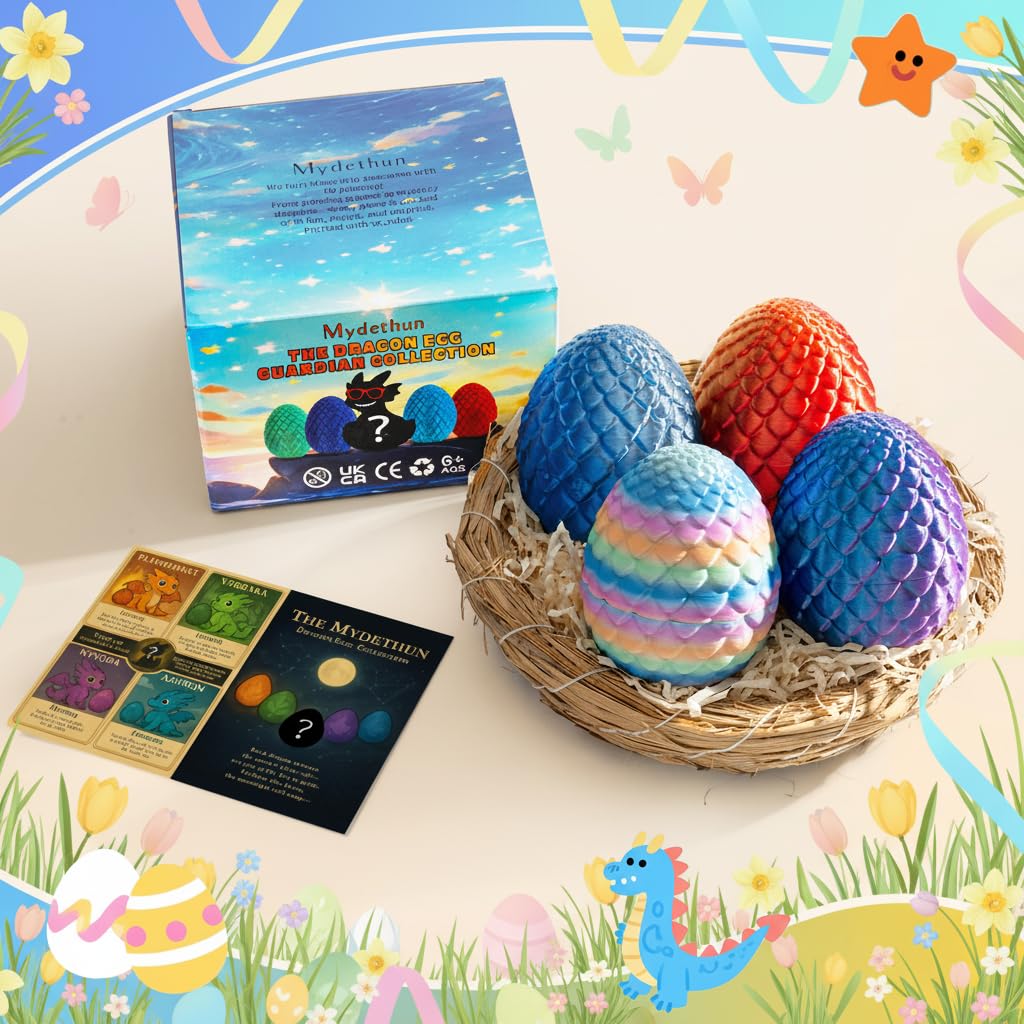 Mydethun 4-Pack 3D Printed Dragon Eggs – Articulated 27-Joint Dragons with Lore Cards & Mystery Colors