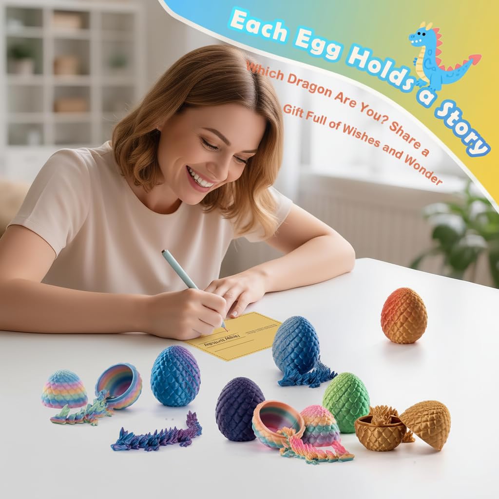 Mydethun 4-Pack 3D Printed Dragon Eggs – Articulated 27-Joint Dragons with Lore Cards & Mystery Colors