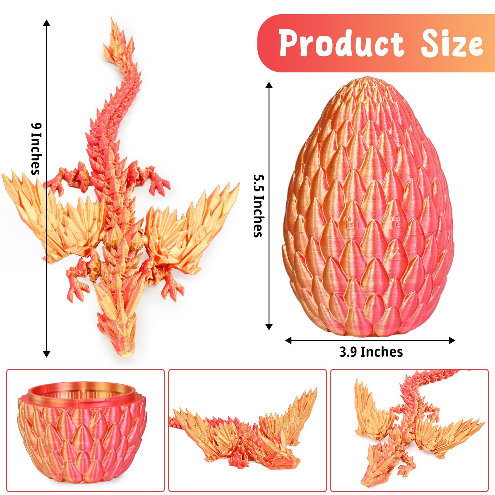 Mydhall 3D Printed Dragon Egg with Articulated Dragon – Flame Red Medium