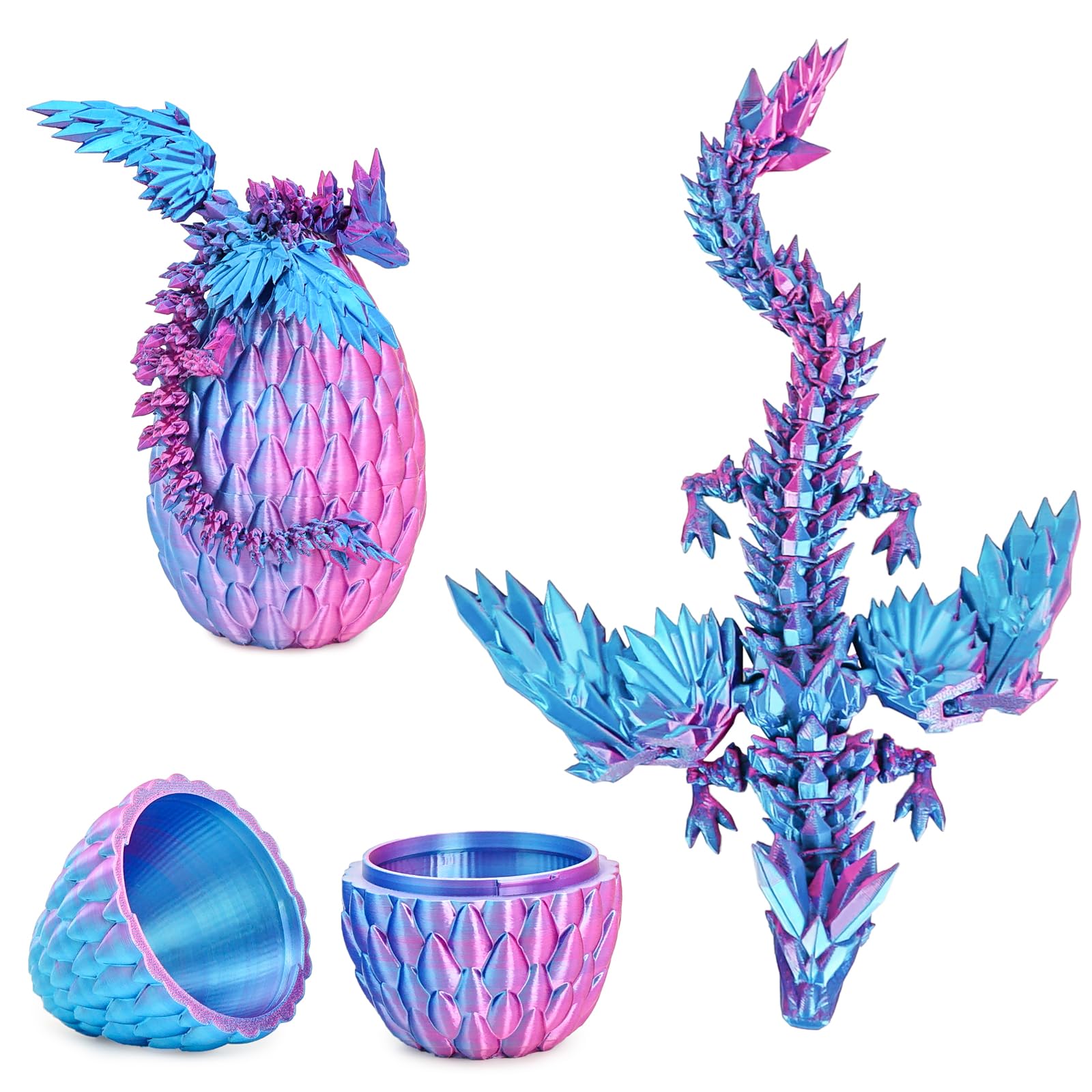 Mydhall 3D Printed Dragon Egg with Articulated Dragon – Mysterious Purple Gradient, 5.5-Inch Egg with 9-Inch Dragon