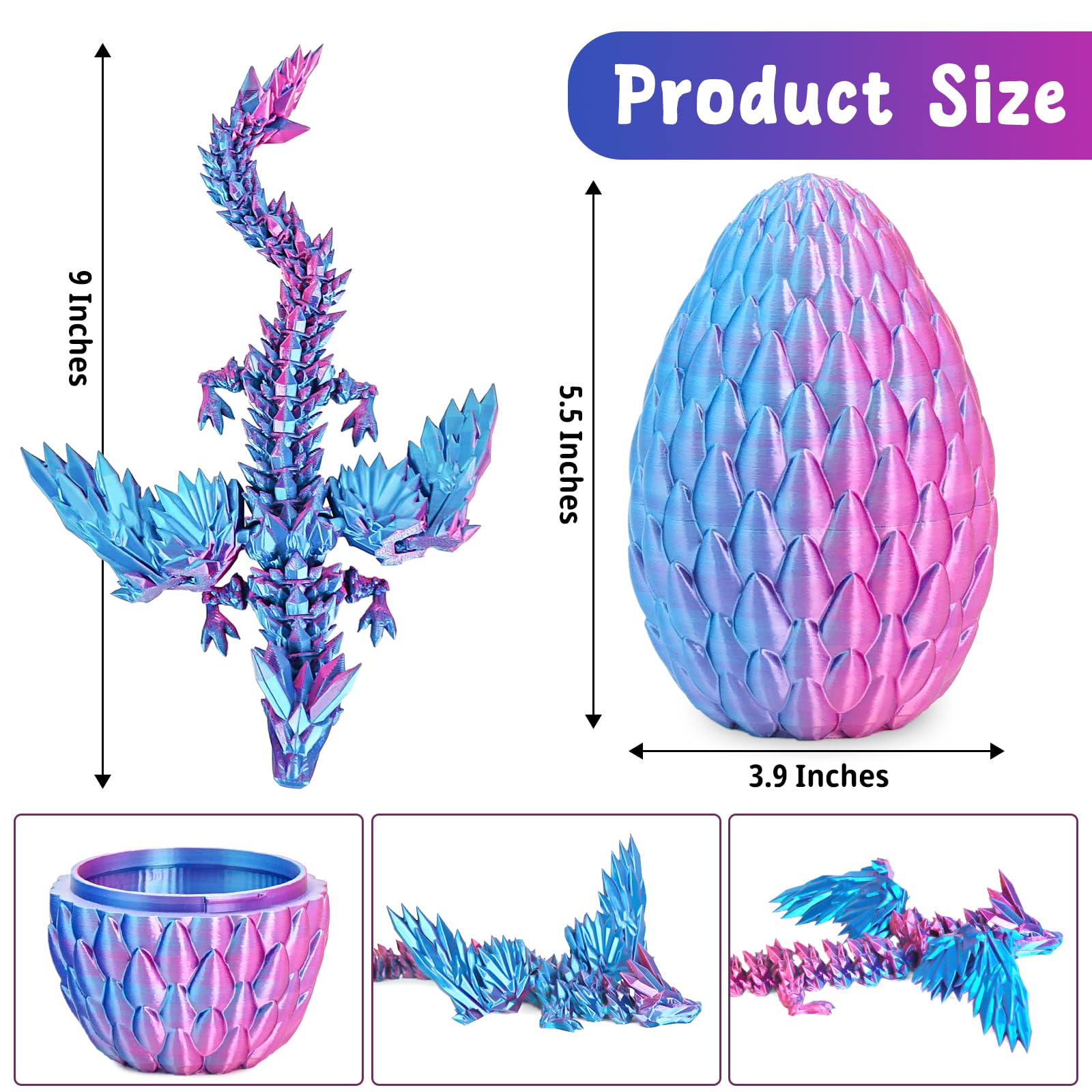 Mydhall 3D Printed Dragon Egg with Articulated Dragon – Mysterious Purple Gradient, 5.5-Inch Egg with 9-Inch Dragon