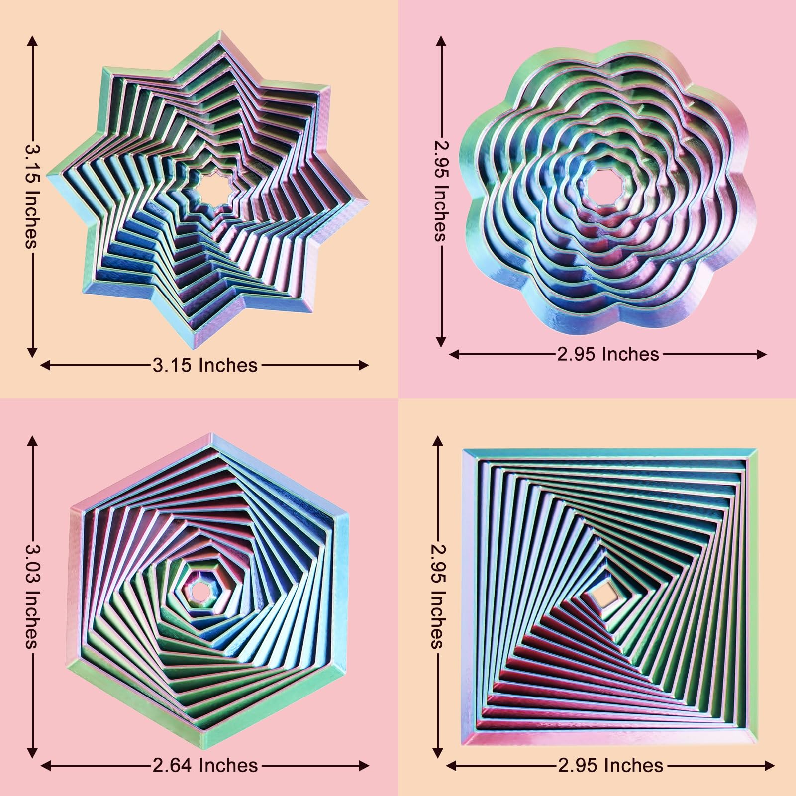 Mydhall 4-Pack 3D Printed Fidget Toys – Hexagon, Star, Spiral & Square – Stress Relief Sensory Toys for Kids & Adults (Red/Green, 3 Inches)