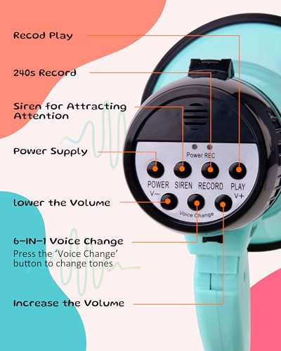 MyMealivos Voice Changer Megaphone with 6 Effects, 20W Amplifier, and 240-Second Recording – Teal