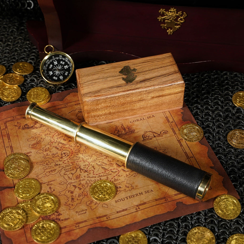 Mythrojan Brass Handheld Telescope 6-Inch Mini Spyglass with Wooden Case – Pirate Cosplay Accessory
