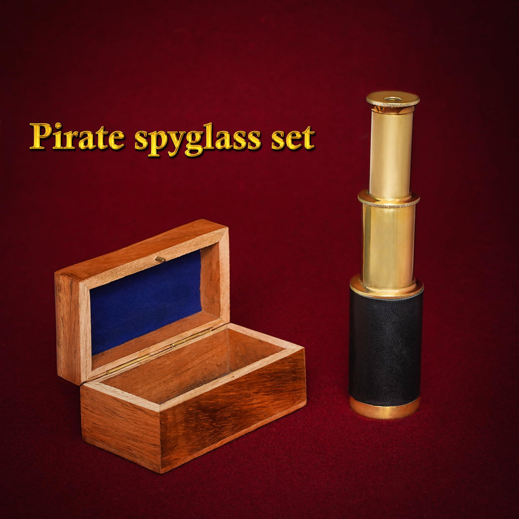 Mythrojan Brass Handheld Telescope 6-Inch Mini Spyglass with Wooden Case – Pirate Cosplay Accessory