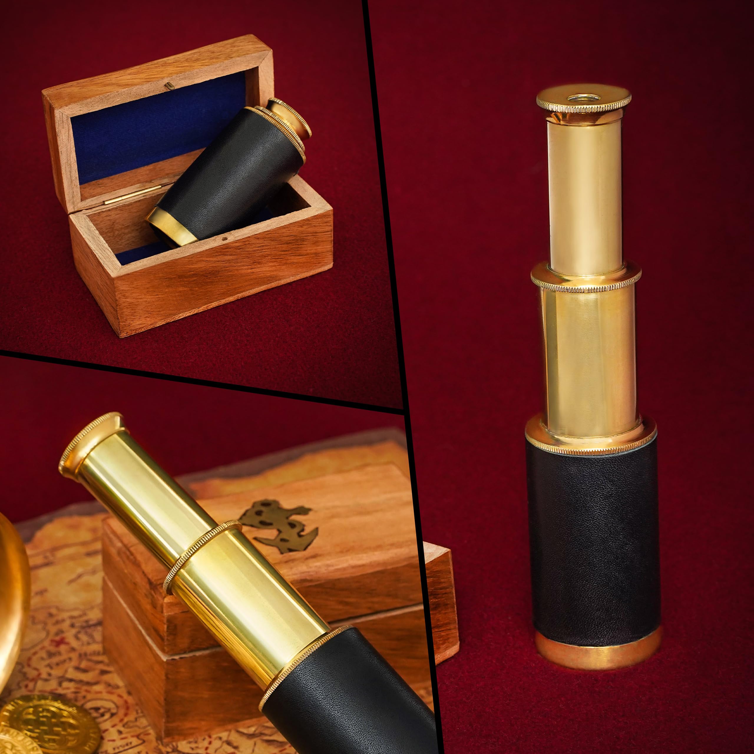 Mythrojan Brass Handheld Telescope 6-Inch Mini Spyglass with Wooden Case – Pirate Cosplay Accessory