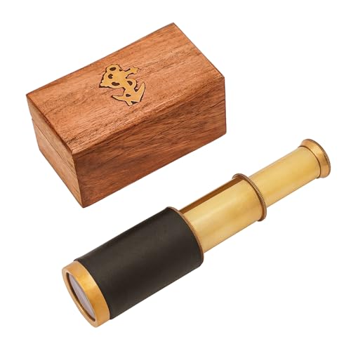 Mythrojan Brass Handheld Telescope 6-Inch Mini Spyglass with Wooden Case – Pirate Cosplay Accessory