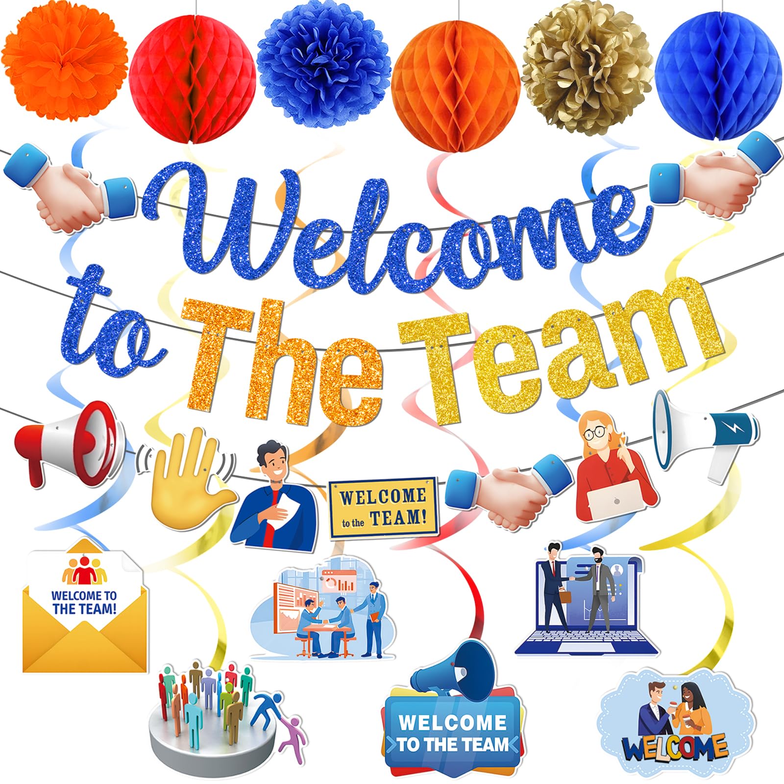 MZ.ogm Welcome To The Team Banner Set – Office Team Party Decorations with Garland, Swirls, Flowers & Honeycomb Balls
