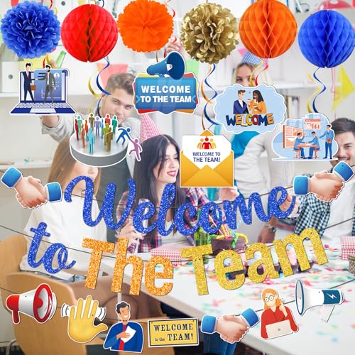 MZ.ogm Welcome To The Team Banner Set – Office Team Party Decorations with Garland, Swirls, Flowers & Honeycomb Balls