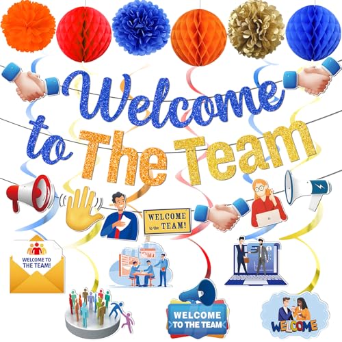 MZ.ogm Welcome To The Team Banner Set – Office Team Party Decorations with Garland, Swirls, Flowers & Honeycomb Balls