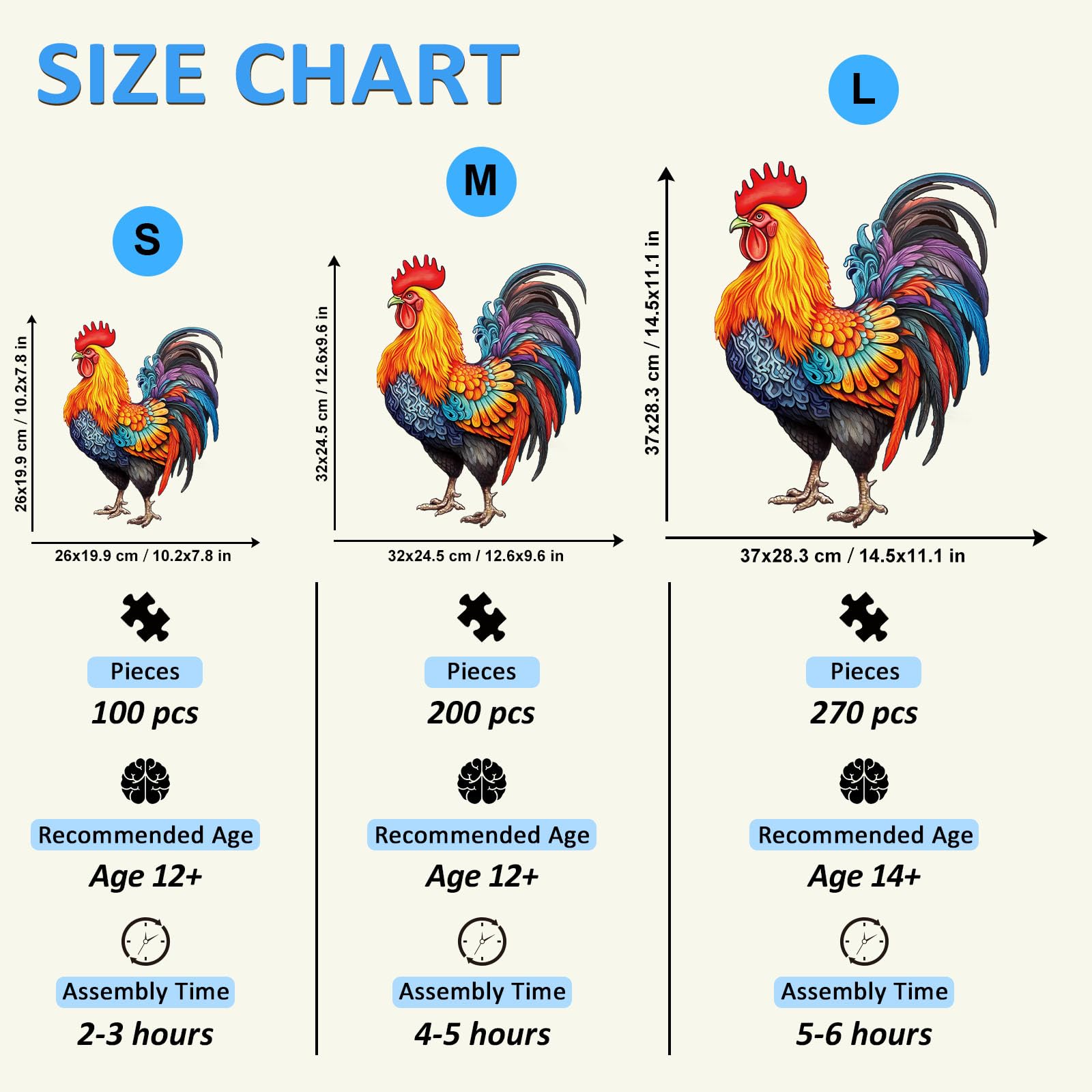 NABYSHOP Wooden Rooster Puzzle - 270 Pieces, 14.5x11.1 Inches, Natural Wood Jigsaw for Adults