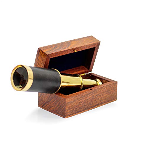 Nagina International Handcrafted Brass Telescope - 6 Inch Pirate Spyglass with Rosewood Box and Leather Case