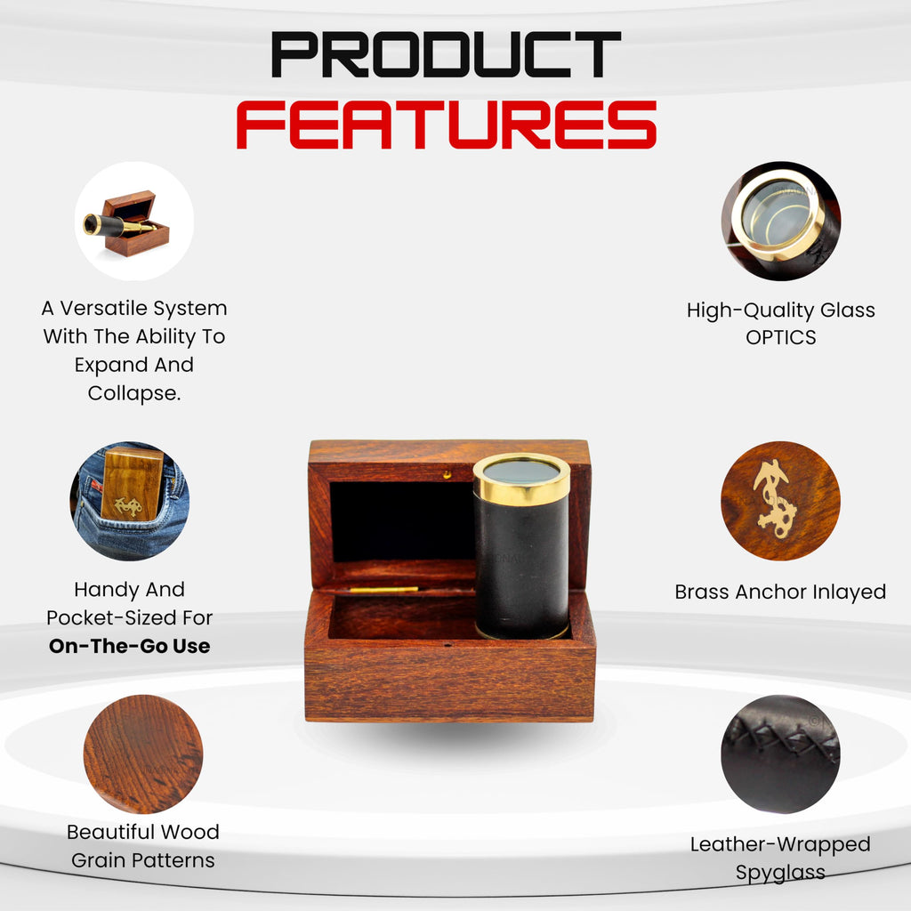 Nagina International Handcrafted Brass Telescope - 6 Inch Pirate Spyglass with Rosewood Box and Leather Case