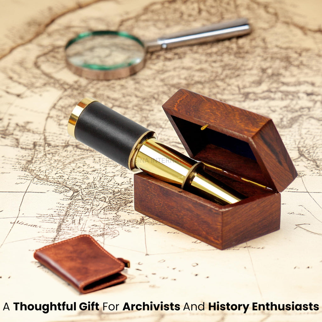Nagina International Handcrafted Brass Telescope - 6 Inch Pirate Spyglass with Rosewood Box and Leather Case