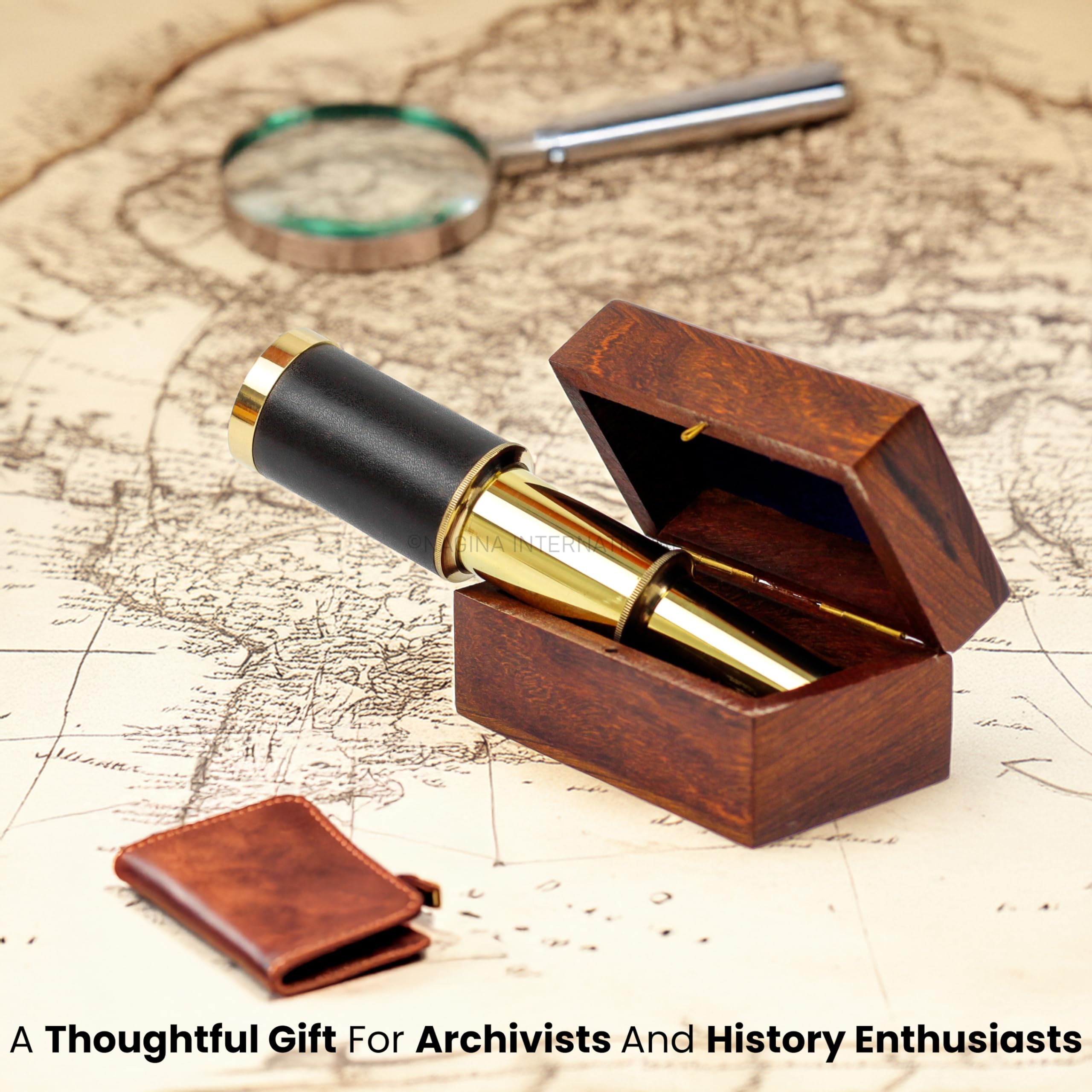 Nagina International Handcrafted Brass Telescope - 6 Inch Pirate Spyglass with Rosewood Box and Leather Case