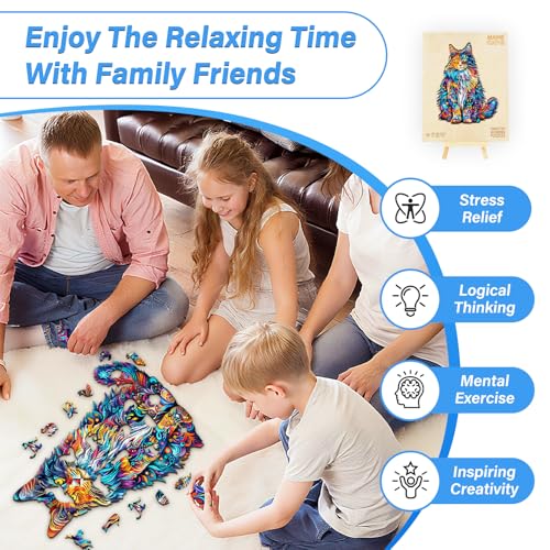 NANFUNCF Wooden Cat Puzzle for Adults – 80 Piece Jigsaw with Unique Animal Shapes