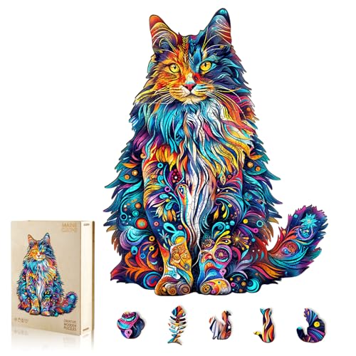 NANFUNCF Wooden Cat Puzzle for Adults – 80 Piece Jigsaw with Unique Animal Shapes