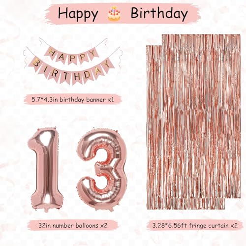 NANINUNENO 13th Birthday Party Decorations Kit - Rose Gold Banner, Fringe Curtains, Foil Balloons & Cake Topper for Girls