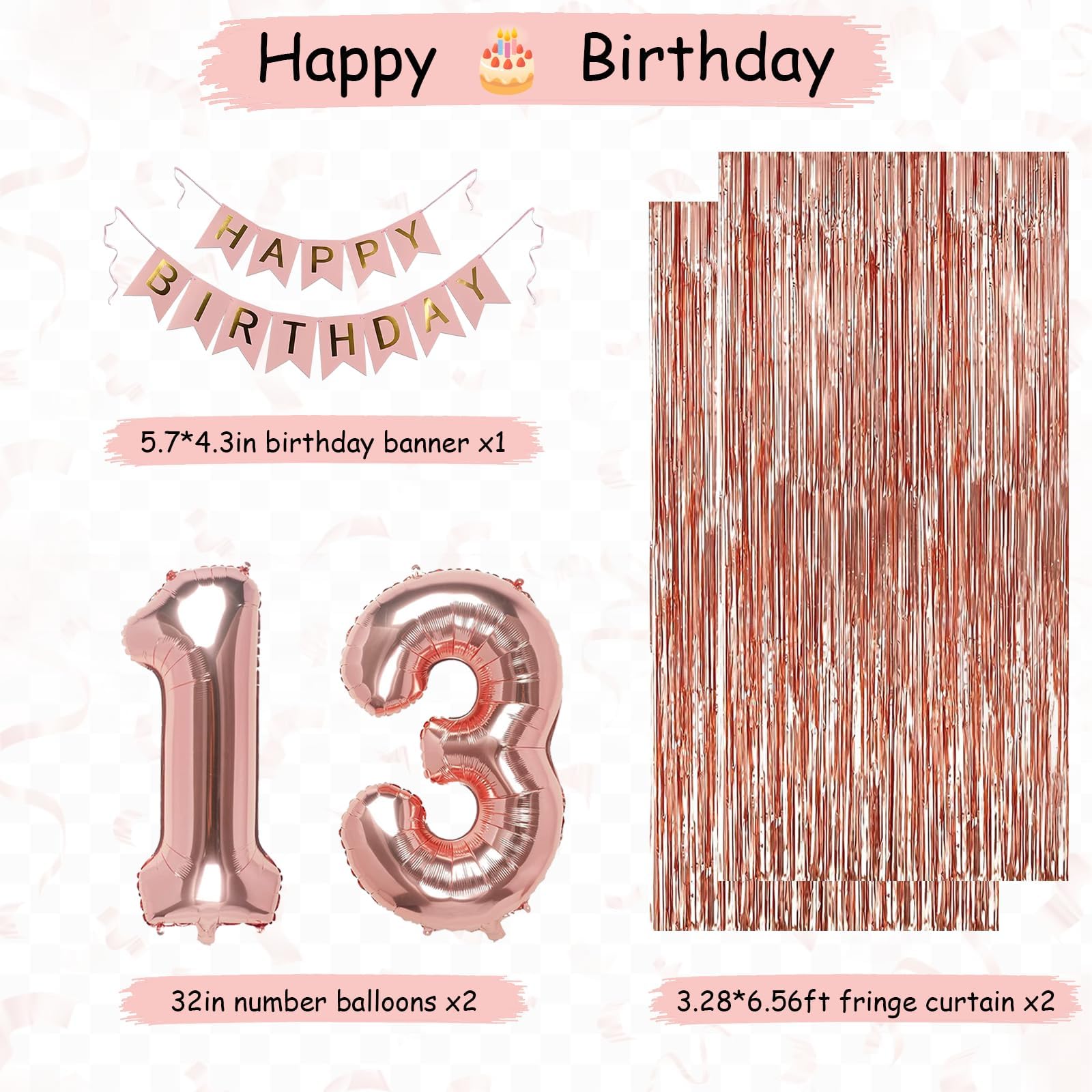 NANINUNENO 13th Birthday Party Decorations Kit - Rose Gold Banner, Fringe Curtains, Foil Balloons & Cake Topper for Girls