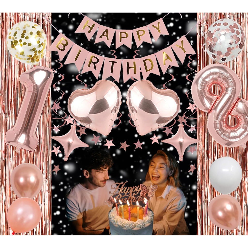 NANINUNENO 13th Birthday Party Decorations Kit - Rose Gold Banner, Fringe Curtains, Foil Balloons & Cake Topper for Girls