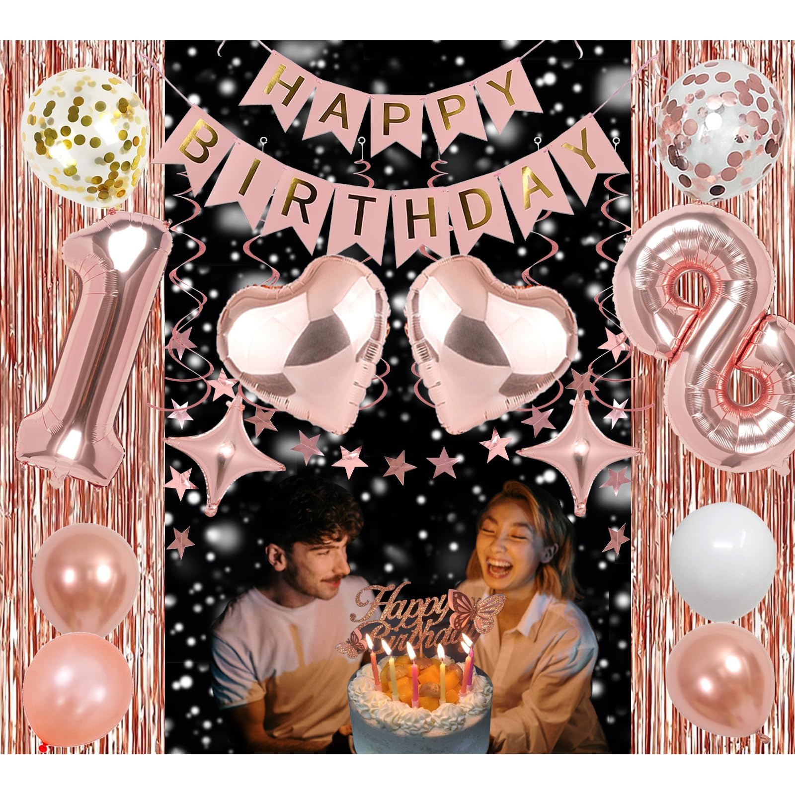 NANINUNENO 13th Birthday Party Decorations Kit - Rose Gold Banner, Fringe Curtains, Foil Balloons & Cake Topper for Girls