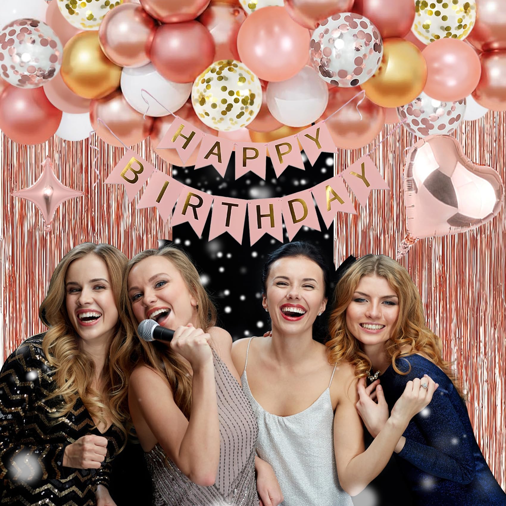 NANINUNENO 13th Birthday Party Decorations Kit - Rose Gold Banner, Fringe Curtains, Foil Balloons & Cake Topper for Girls