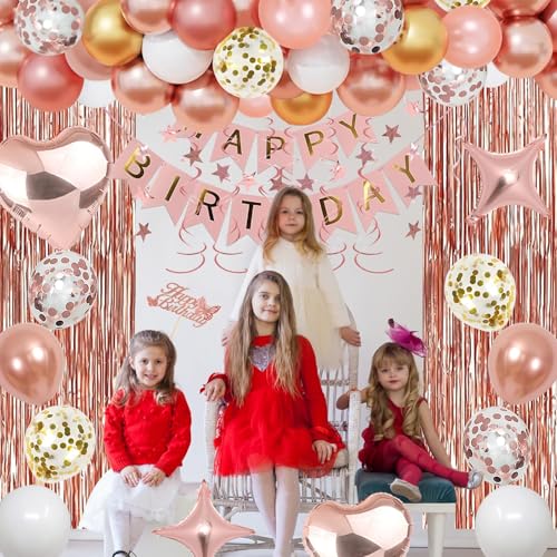 NANINUNENO 13th Birthday Party Decorations Kit - Rose Gold Banner, Fringe Curtains, Foil Balloons & Cake Topper for Girls