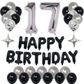 NANINUNENO 17th Birthday Decoration Kit – Black & Silver Balloon Set with Banner, Number 17 Foil, Stars, Confetti