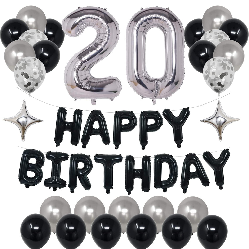 NANINUNENO 20th Birthday Decorations Kit – Black & Silver Balloons, Banner, Confetti
