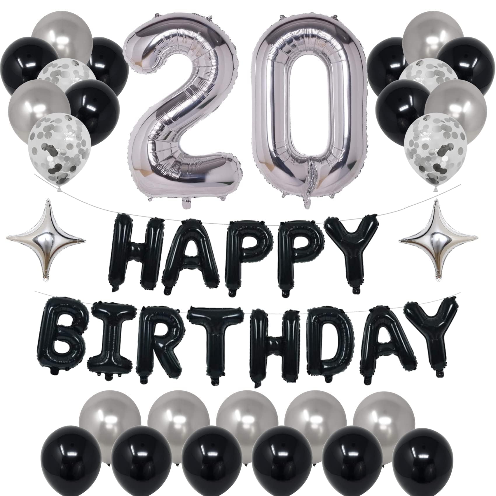 NANINUNENO 20th Birthday Decorations Kit – Black & Silver Balloons, Banner, Confetti