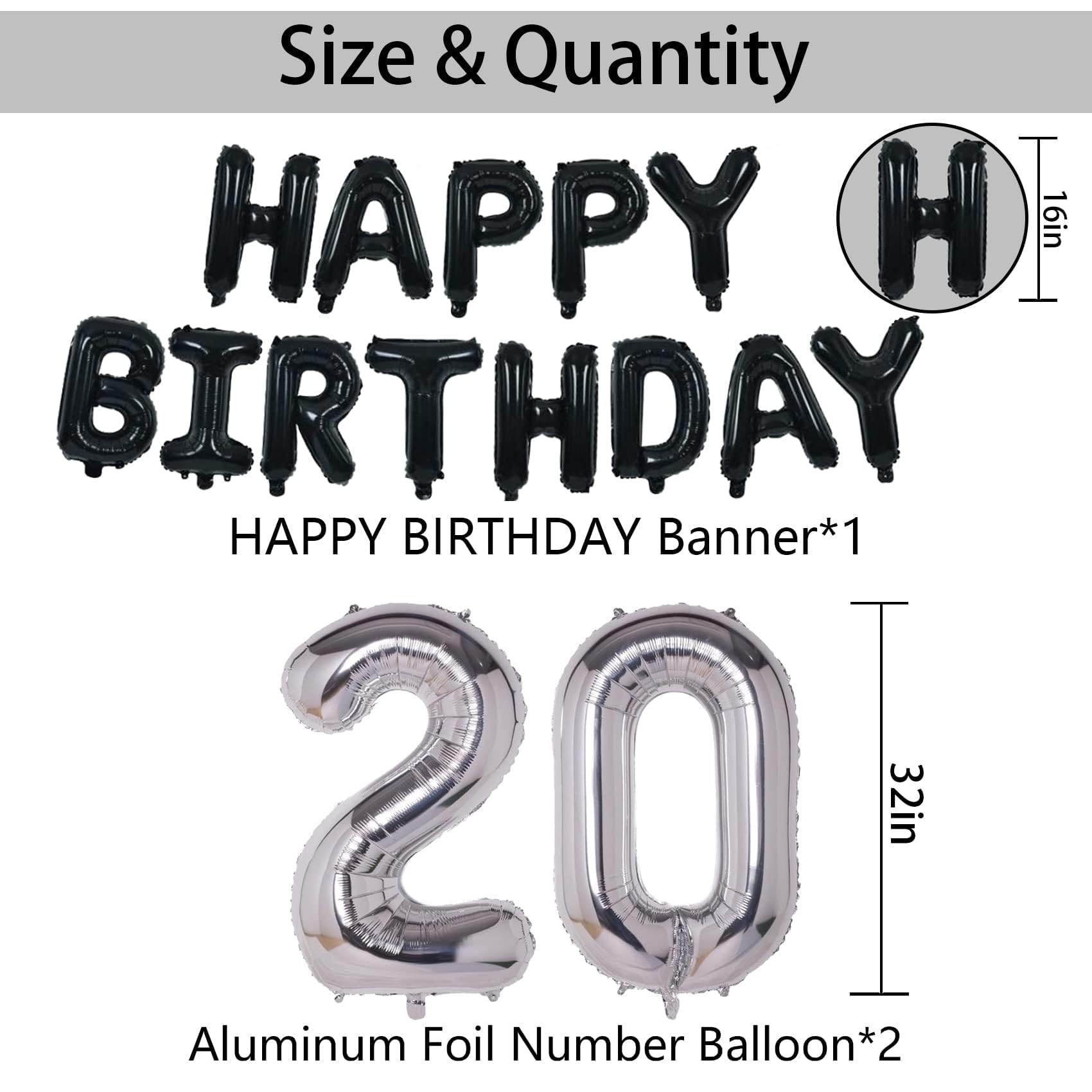 NANINUNENO 20th Birthday Decorations Kit – Black & Silver Balloons, Banner, Confetti
