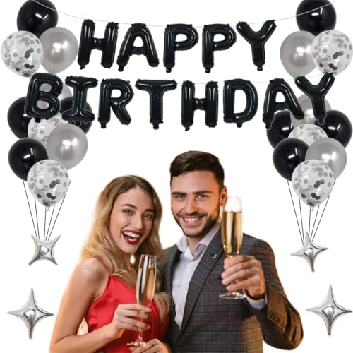 NANINUNENO 20th Birthday Decorations Kit – Black & Silver Balloons, Banner, Confetti