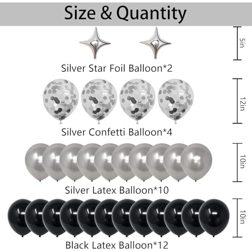 NANINUNENO 31st Birthday Balloon Decorations - Black Silver Foil Stars & Confetti Kit