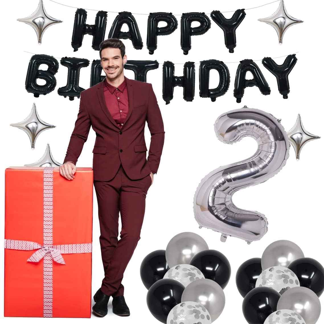 NANINUNENO 31st Birthday Balloon Decorations - Black Silver Foil Stars & Confetti Kit