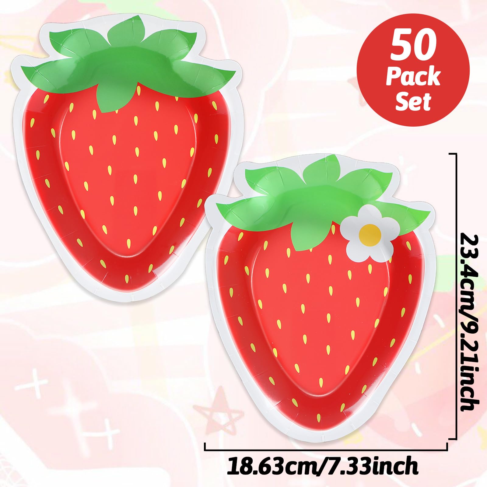 Naozinebi 50 Pack Strawberry Shaped Paper Plates – 8.85 x 7 Inch Disposable Dessert Plates for Parties, Weddings, and Baby Showers