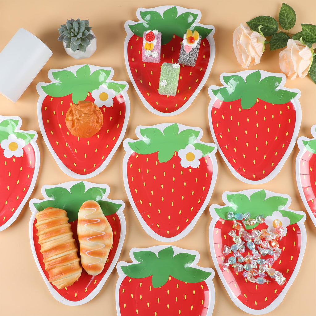 Naozinebi 50 Pack Strawberry Shaped Paper Plates – 8.85 x 7 Inch Disposable Dessert Plates for Parties, Weddings, and Baby Showers
