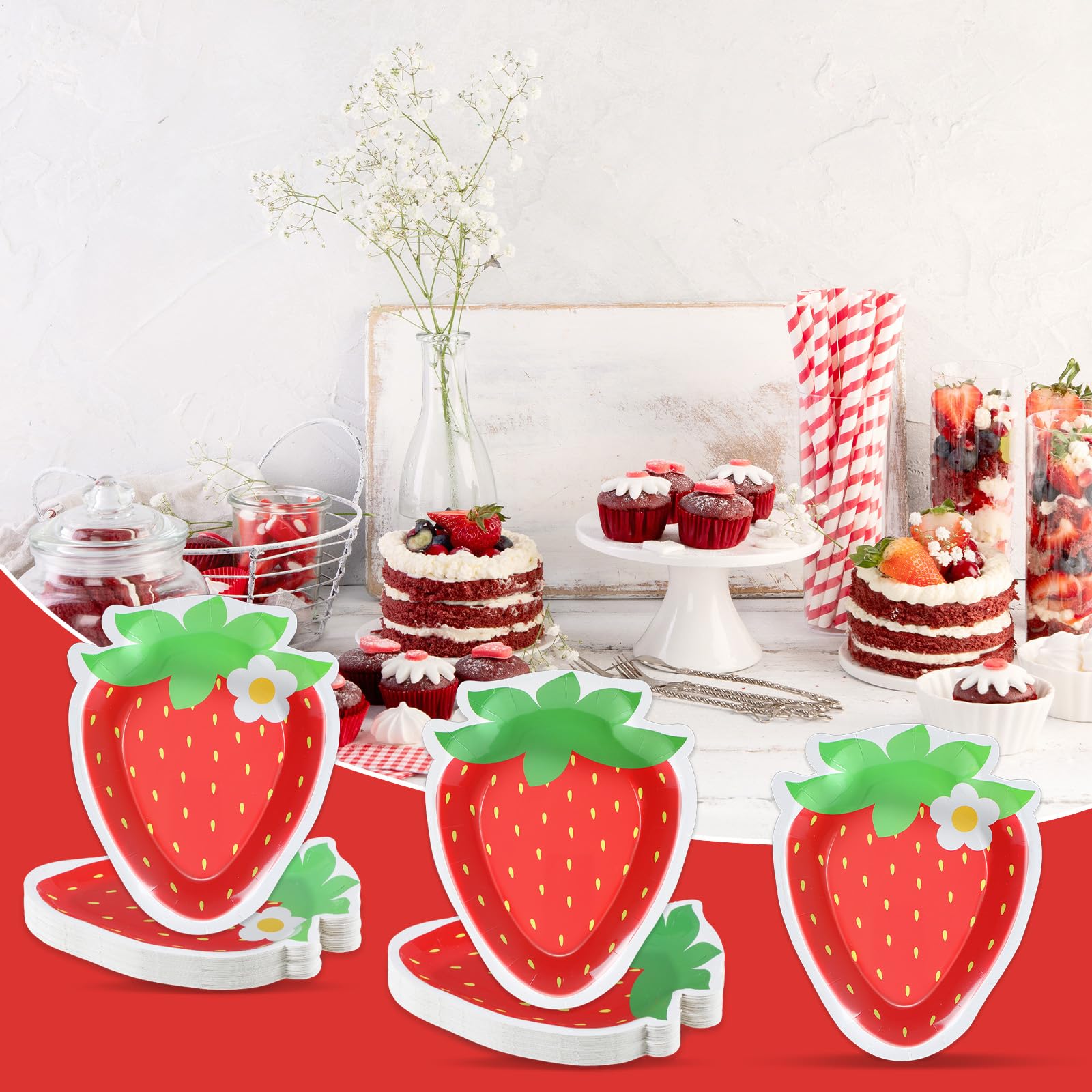Naozinebi 50 Pack Strawberry Shaped Paper Plates – 8.85 x 7 Inch Disposable Dessert Plates for Parties, Weddings, and Baby Showers
