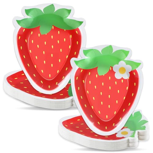 Naozinebi 50 Pack Strawberry Shaped Paper Plates – 8.85 x 7 Inch Disposable Dessert Plates for Parties, Weddings, and Baby Showers