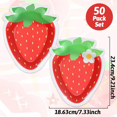 Naozinebi 50 Pack Strawberry Shaped Paper Plates – 8.85 x 7 Inch Disposable Dessert Plates for Parties, Weddings, and Baby Showers