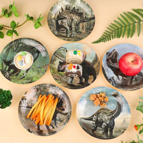Naozinebi 72-Pack Dinosaur Paper Plates - 7 Inch Disposable Dino Party Supplies with 6 Tropical Jungle Designs