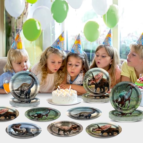 Naozinebi 72-Pack Dinosaur Paper Plates - 7 Inch Disposable Dino Party Supplies with 6 Tropical Jungle Designs