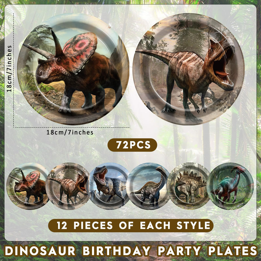 Naozinebi 72-Pack Dinosaur Paper Plates - 7 Inch Disposable Dino Party Supplies with 6 Tropical Jungle Designs